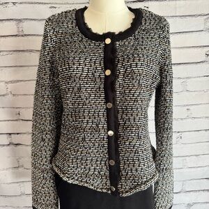 White House Black Market Tweed Knit Cardigan Jacket Black Cream Gold Buttons M